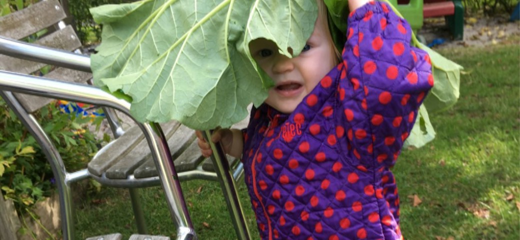 Lille barn i prikket jakke har fået et stort blad ned over hovedet